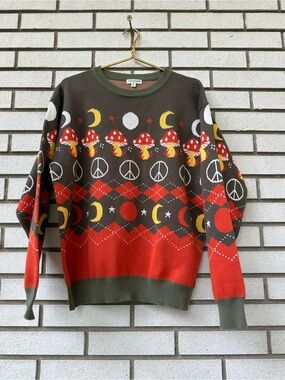 Earthbound Mushroom Moon Peace Sign Cotton Knit Sweater Olive Graphic M